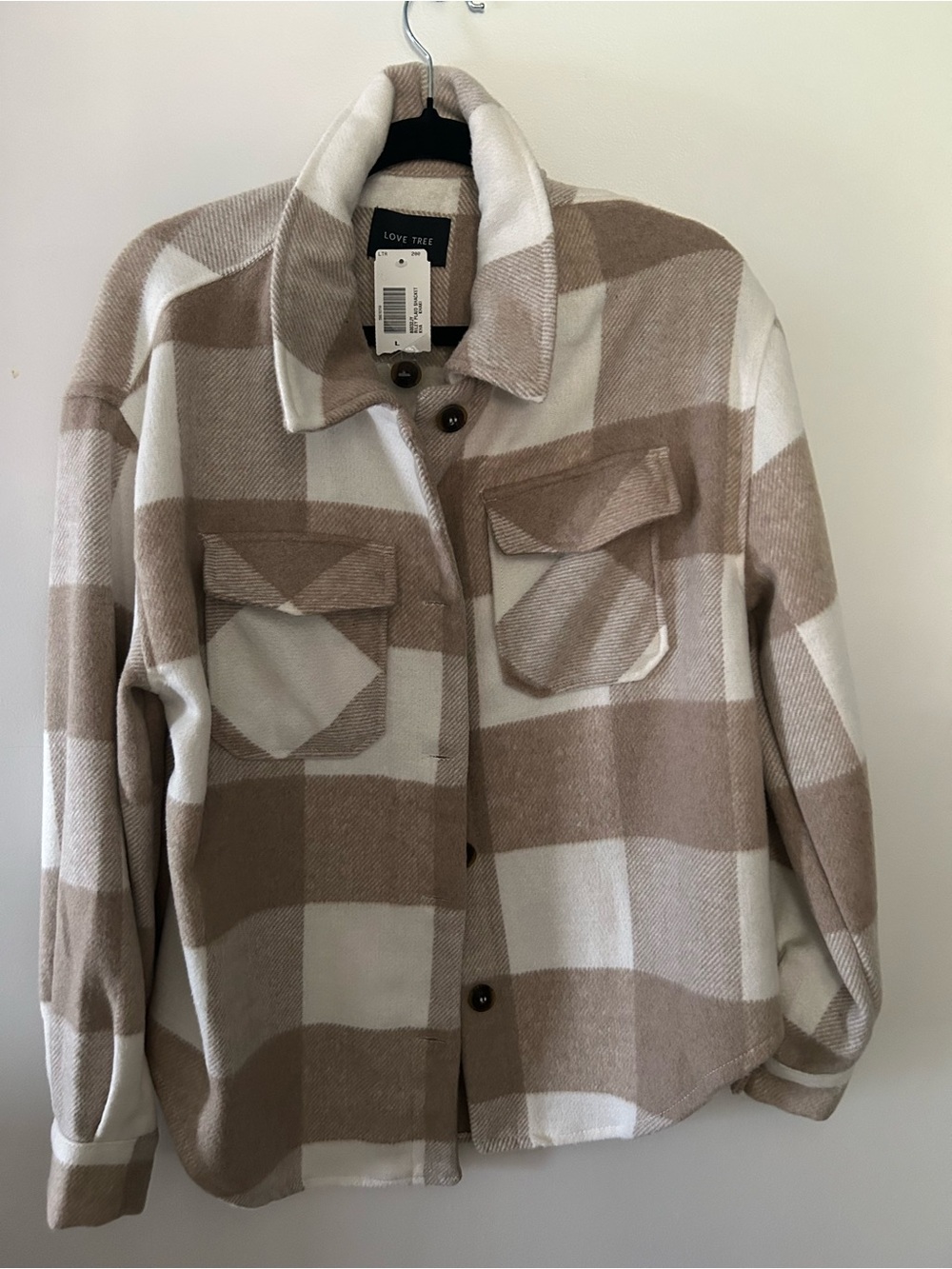 Love Tree Taupe & White Plaid Utility Shacket